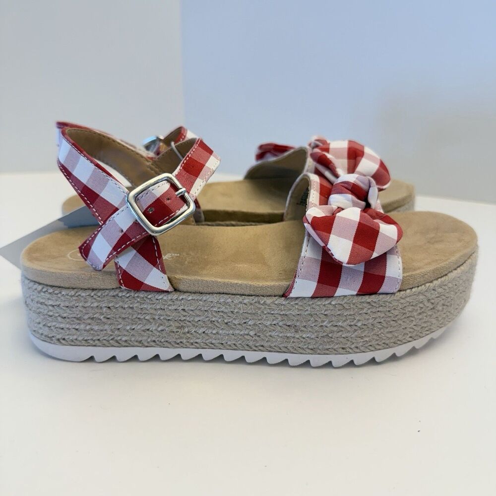 Cat & Jack Girls Daphne Gingham Espadrille Platform Sandals Red/White Bow Sz 1